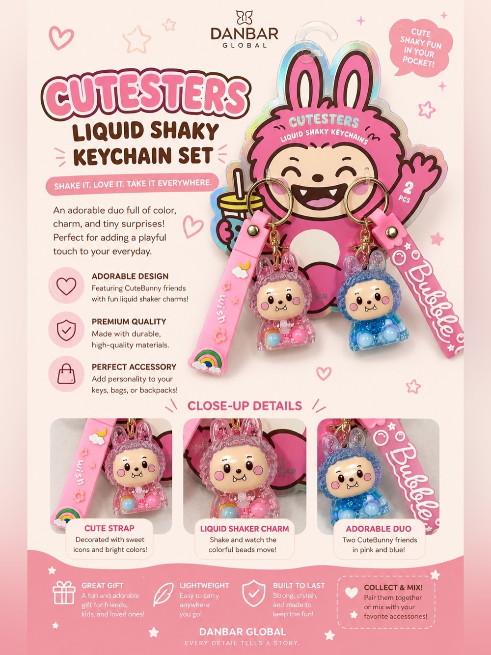 Danbar Global Cutesters Pink & Blue Liquid Shaky BUNNY Keychain / Bag Charm Set